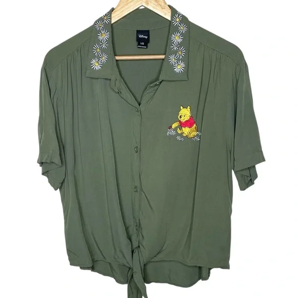 Disney Winnie The Pooh Floral Embroidered Tie Front Top Large - Picture 11 of 12